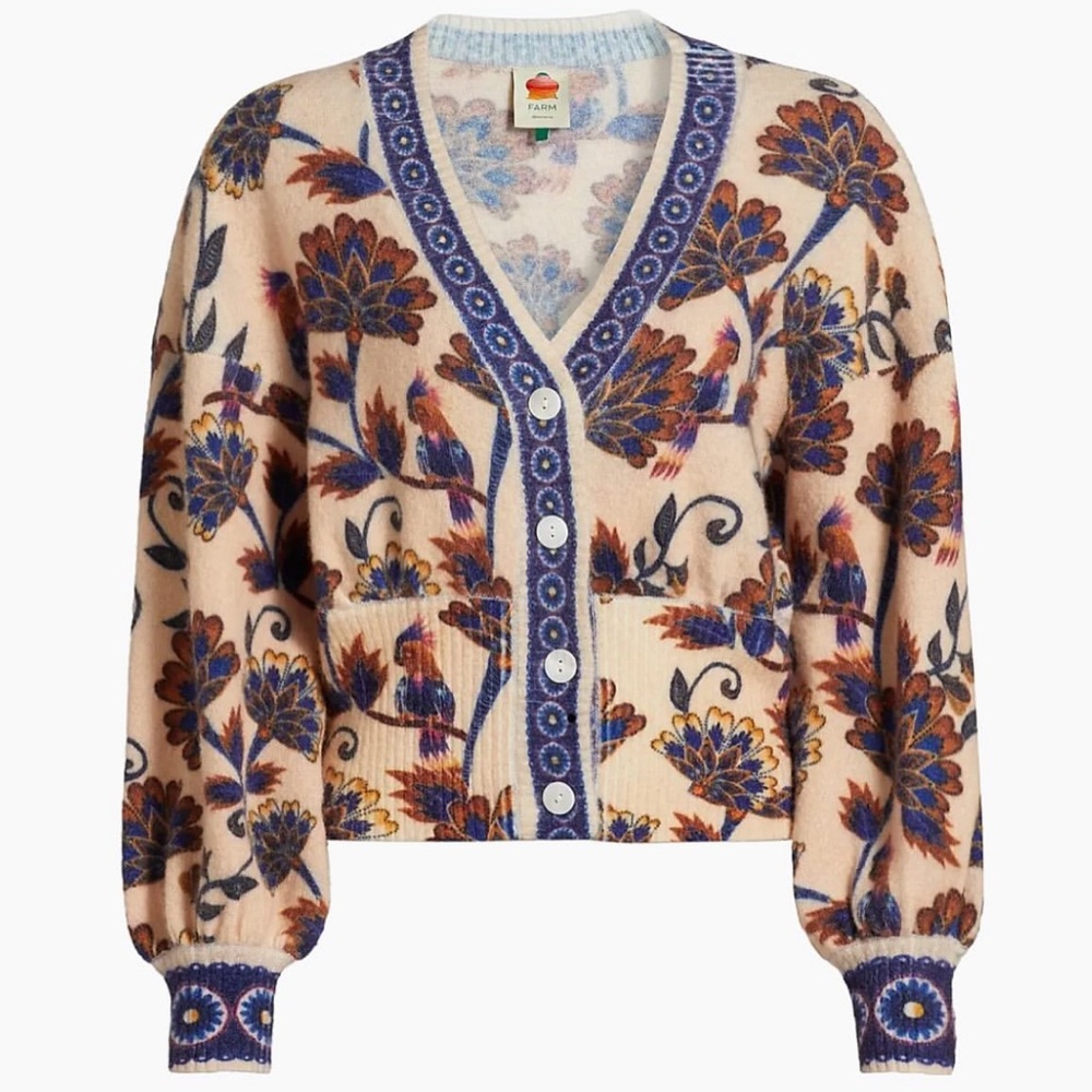 FARM Rio Floral Cardigan in Cream and Blue